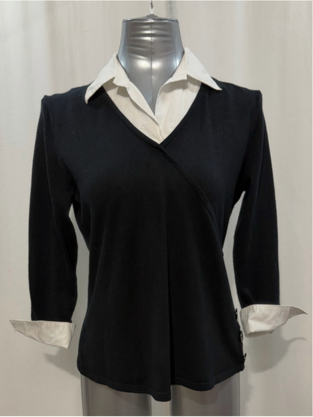 Women's Cable & Gauge Petite XLP Blouse Black White Collared Top 2099